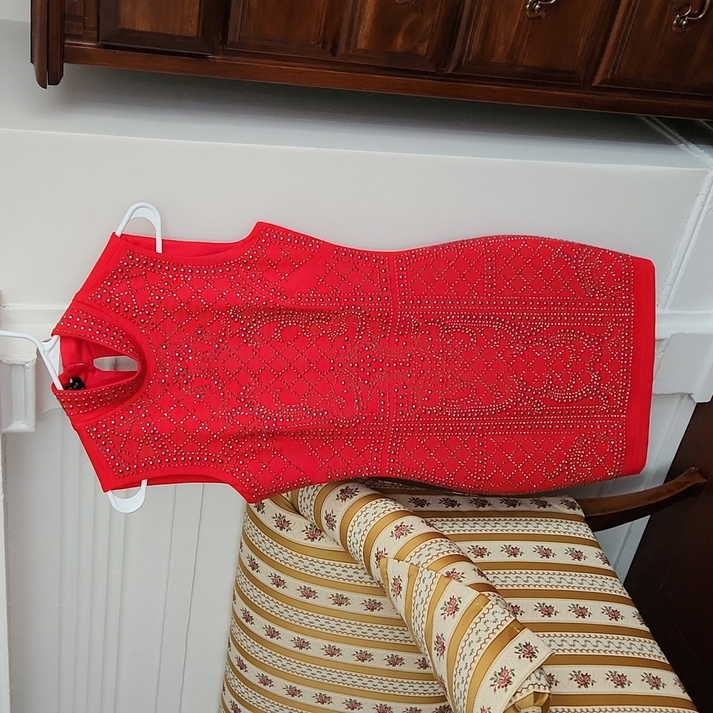 Bebe Red Beaded Dress - Classy, Cocktail, Party Dress w Studs - Size S